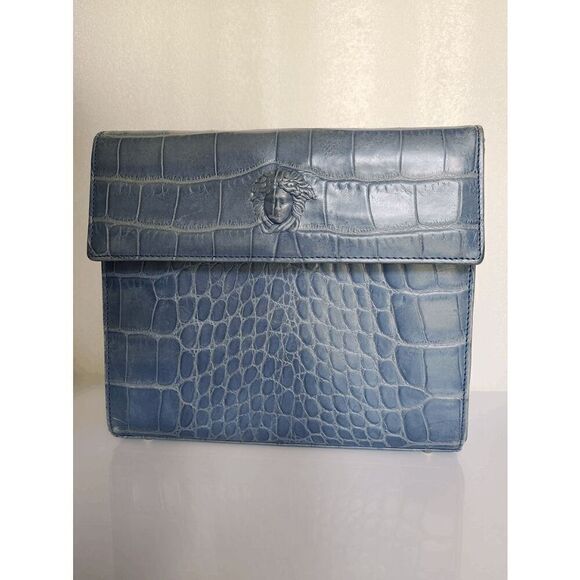 Versace Blue Croc-Embossed Crossbody Bag - Picture 14 of 16